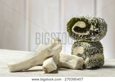 Rose Turkish Delight Rahat Lucum, Candy On A White Wooden Background