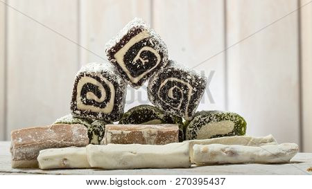 Rose Turkish Delight Rahat Lucum, Candy On A White Wooden Background