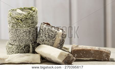 Rose Turkish Delight Rahat Lucum, Candy On A White Wooden Background