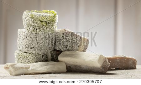Rose Turkish Delight Rahat Lucum, Candy On A White Wooden Background