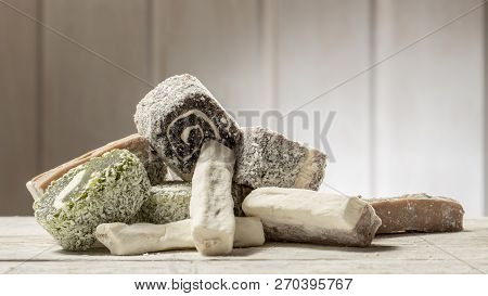 Rose Turkish Delight Rahat Lucum, Candy On A White Wooden Background
