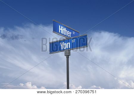 A 3d Illustration Of Two Blue Streets Signs Reading Hither And Yon Set Against A Partly Cloudy Sky.