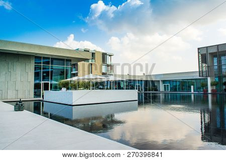 Ajman, United Arab Emirates - 30 October 2018: Landscape With Modern Design Buildings, Lagoon Pool A