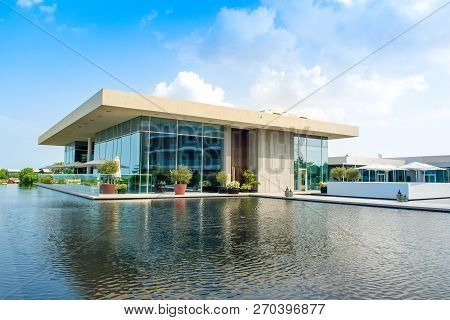 Ajman, United Arab Emirates - 30 October 2018: Landscape With Modern Design Buildings, Lagoon Pool A