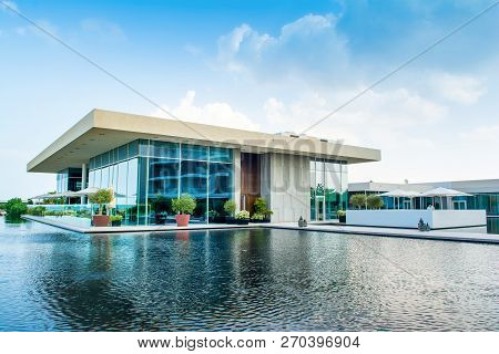 Ajman, United Arab Emirates - 30 October 2018: Landscape With Modern Design Buildings, Lagoon Pool A