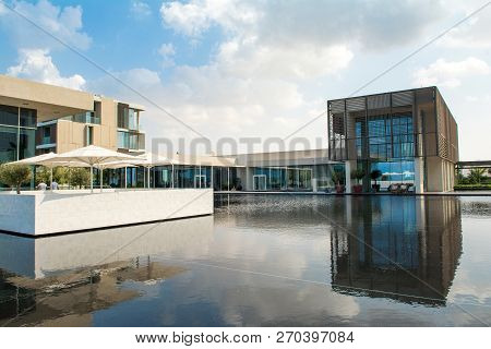 Ajman, United Arab Emirates - 30 October 2018: Landscape With Modern Design Buildings, Lagoon Pool A
