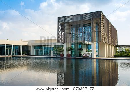 Ajman, United Arab Emirates - 30 October 2018: Landscape With Modern Design Buildings, Lagoon Pool A