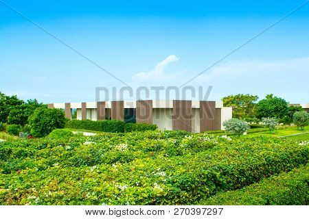 Ajman, United Arab Emirates - 30 October 2018: Landscape With Modern Design Villas And Garden In A L