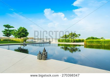 Ajman, United Arab Emirates - 30 October 2018: Landscape With Lagoon Pool And Garden In A Luxury Hot