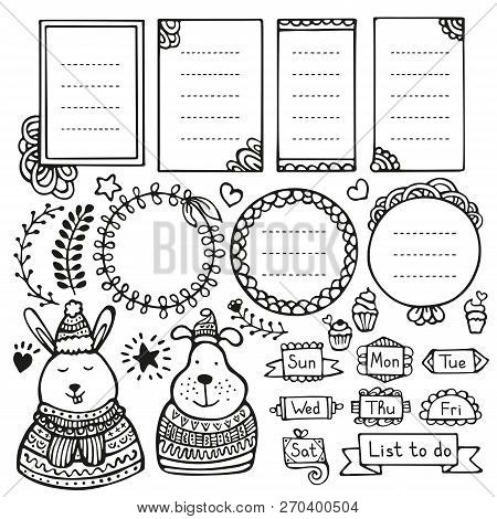 Bullet Journal Hand Drawn Vector Elements For Notebook, Diary And Planner. Doodle Frames Isolated On