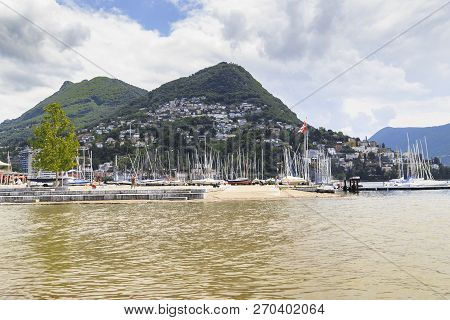 Lugano, Switzerland - May 12, 2018: Monte Brè Is A 925 M Mountain Located In The East Of Lugano In T