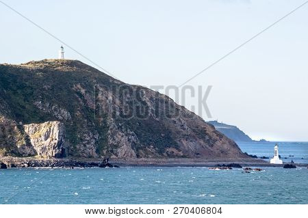 Lighthouses At Pencarrow Head In The Wellington Region Of New Zealand.