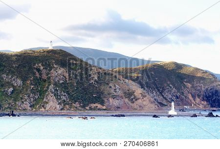 Lighthouses At Pencarrow Head In The Wellington Region Of New Zealand.