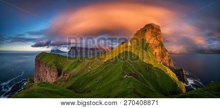 Panorama Of Kalsoy Island And Kallur Lighthouse In Sunset Light, Faroe Islands