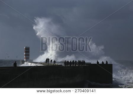 Big Storm With Big Waves Near A Lighthouse