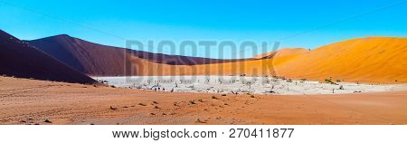 Dead Camel Thorn Trees In Deadvlei Dry Pan With Cracked Soil In The Middle Of Namib Desert Red Dunes