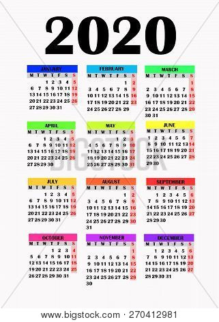 Year 2020 Calendar. Simple Design For Calendar 2019. Calendar On White Background For Organization A