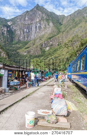Hidroelectrica, Peru - May 17, 2015: Peru Rail Train Stops At The Station Hidroelectrica In Urubamba