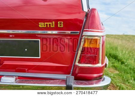 Houtaud/franche Comté/france/june 2018 :red 1970s 19 Ami 8 Parks At An Oltimer Car Rallye