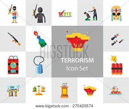 Terrorism Icon Set. Kamikaze Fire Cocktail Dynamite Army Tags Hostage Bomb With Timer Machine Gun Mi