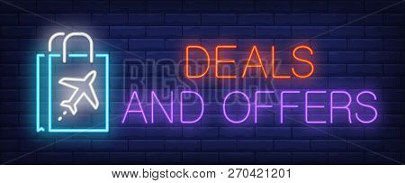 Deals And Offers Neon Sign. Glowing Inscription With Paper Bag On Rick Wall Background. Can Be Used 