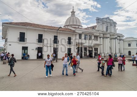 Popayan, Colombia - September 10, 2015: People In Front Of Cathedral On Parque Caldas In Colonial Ci