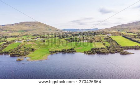 Farms Overlooking Scenic Lough Mask On The Border Of County Mayo And County Galway In Ireland.