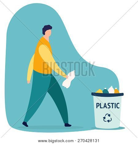 Caucasian Person Man Throwing A Plastic Bottle Waste In Garbage Bin. Isolated Flat Vector Trash Illu