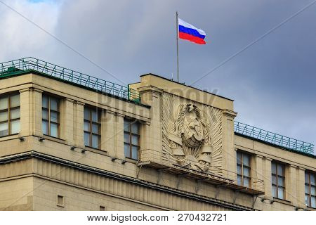 Moscow, Russia - September 30, 2018: National Flag Of Russia On The Roof Of Building Of State Duma O