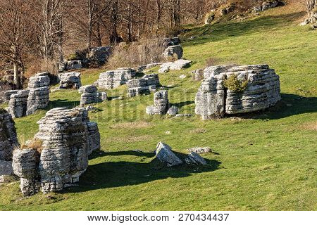 Limestone Monoliths - Unusual Karst Erosion Formations In The Regional Natural Park Of Lessinia (val