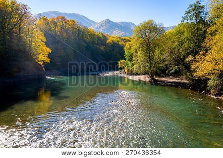 Scenic Landscape With Beautiful Mountain River. Autumn In Mountain Forest. Sunny Day.