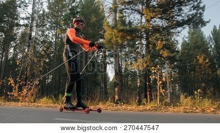Training An Athlete On The Roller Skaters. Biathlon Ride On The Roller Skis With Ski Poles, In The H