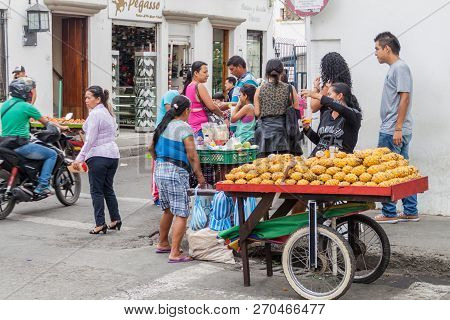 Popayan, Colombia - September 10, 2015: Street Vendors Sell Fruits In Colonial City Popayan, Colombi