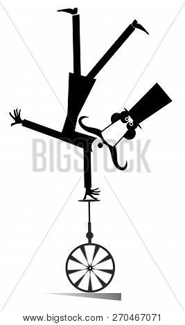Mustache Man In The Top Hat Rides On Unicycle Illustration. Equilibrist Mustache Man In The Top Hat 