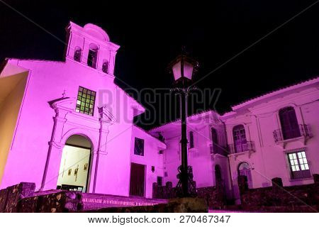 Colorfuly Illuminated La Ermita Church In Colonial City Popayan, Colombia