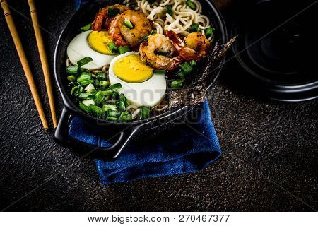 Traditional Asian Food, Ramen Soup With Shrimp, Noodles, Spring Onion, Sliced Eggs, Mushrooms, On Da