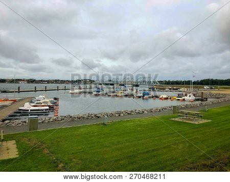 Vilsund, Denmark - August 15,2018: Vilsund Bridge Is A Bascule Arch Bridge That Crosses Vilsund Betw
