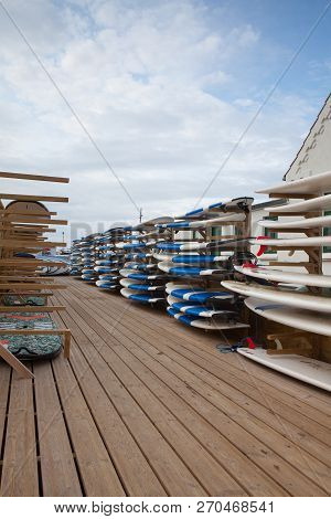 Klitmoller, Denmark-august 15,2018: The Surfboard Rental On The Beach. Cold Hawaii Klitmoller Is Fam