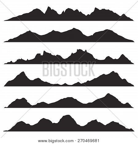 Mountains Silhouettes On The White Background. Wide Semi-detailed Panoramic Silhouettes Of Highlands