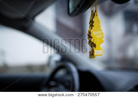 Miercurea Ciuc, Romania- 24 November 2018: Hanging Wunder Baum Air Fresheners On Car Interior, Shall