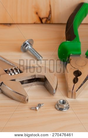 Construction Tools, The Order Of Construction Work For The Money. A Set Of Tools Wood Panel With A S