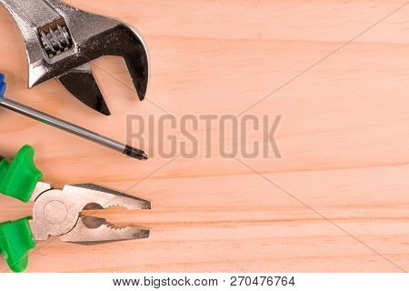 Construction Tools, The Order Of Construction Work For The Money. A Set Of Tools Wood Panel With A S