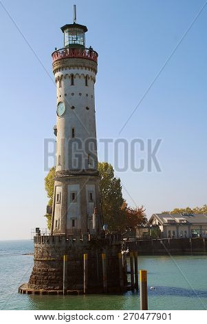 Harbour Entrance Of Lindau,  Lake Constance (german: Bodensee) With The New Lighthouse. The Lindau L