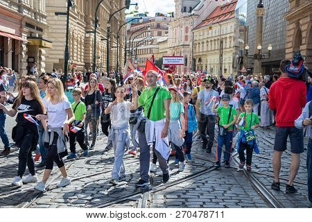 Prague, Czech Republic - July 1, 2018: People Parading At Sokolsky Slet, A Once-every-six-years Gath