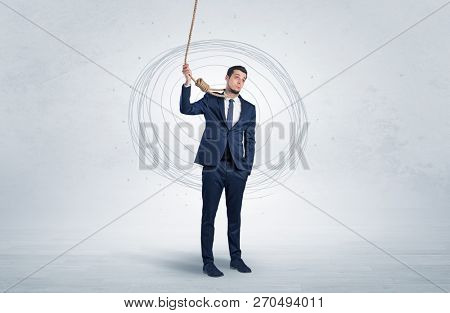 Burnout young elegant businessman trying to suicide with doodle concept
