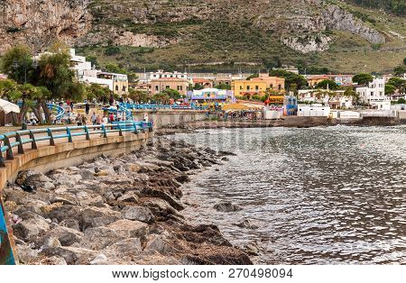 Sferracavallo, Sicily, Italy - October 1, 2018: Waterfront Promenade At Afternoon In Sferracavallo V