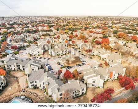 Top View Apartment Building In Fall Season With Overcast Sky Near Dallas