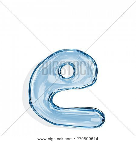 Letter e from clear transparent bluish water droplets. Isolated on white background. 3d rendering.