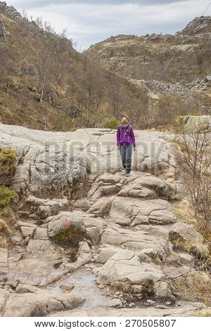 Preikestolhytta , Norway - May 13, 2017: Tourists On Trail To Preikestolen On May 13, 2017 In Preike