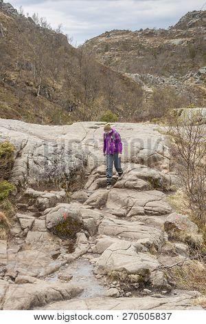 Preikestolhytta , Norway - May 13, 2017: Tourists On Trail To Preikestolen On May 13, 2017 In Preike